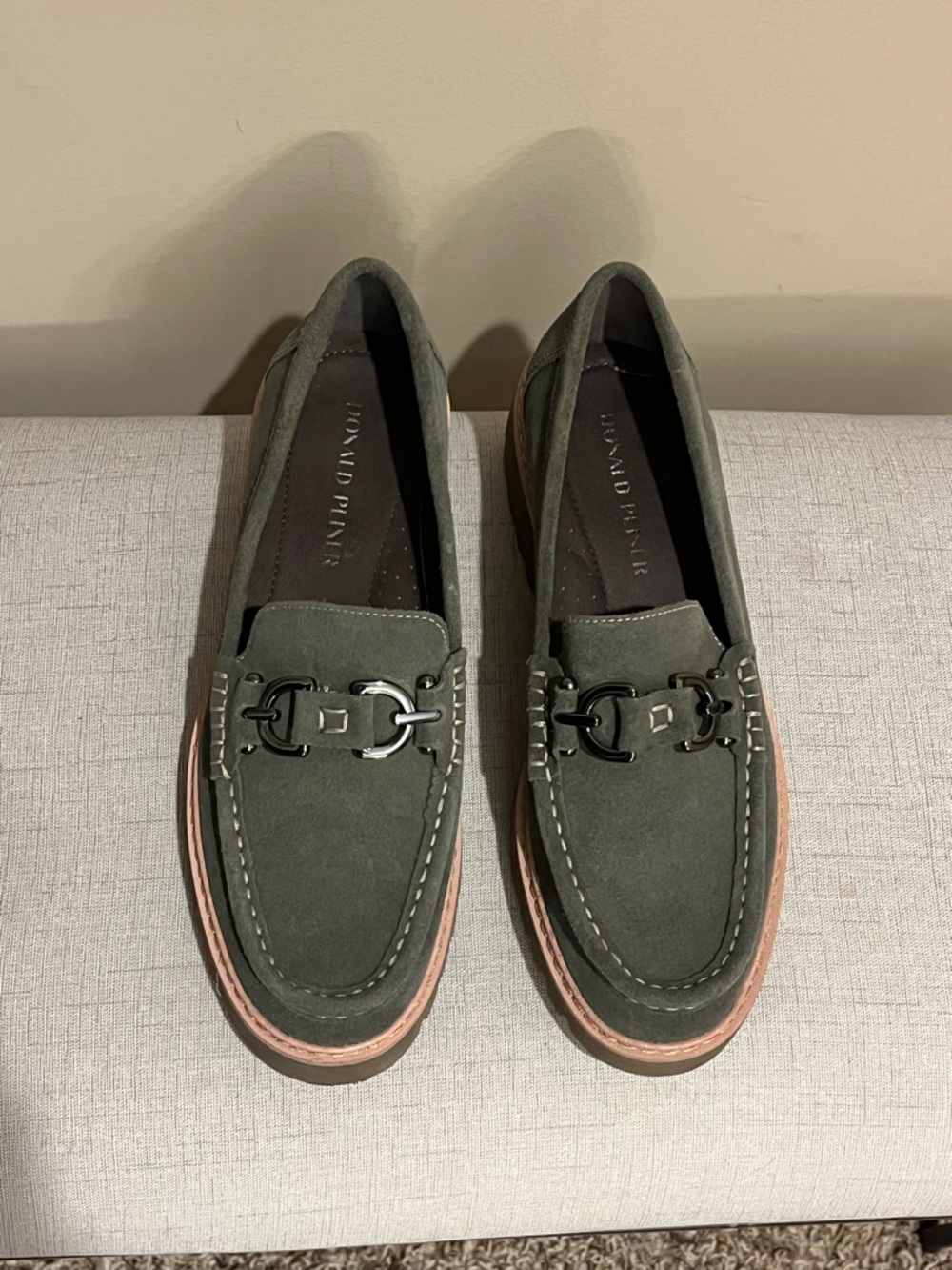 Donald J. Pliner Olive Suede Bit Helio Loafers with Pink Contrast Welt, size 9